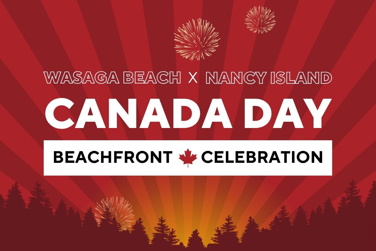 Promotional banner for Canada Day beachfront celebration featuring red sunburst background, fireworks, and forest silhouettes; text reads 'Canada Day' and 'Beachfront Celebration'.