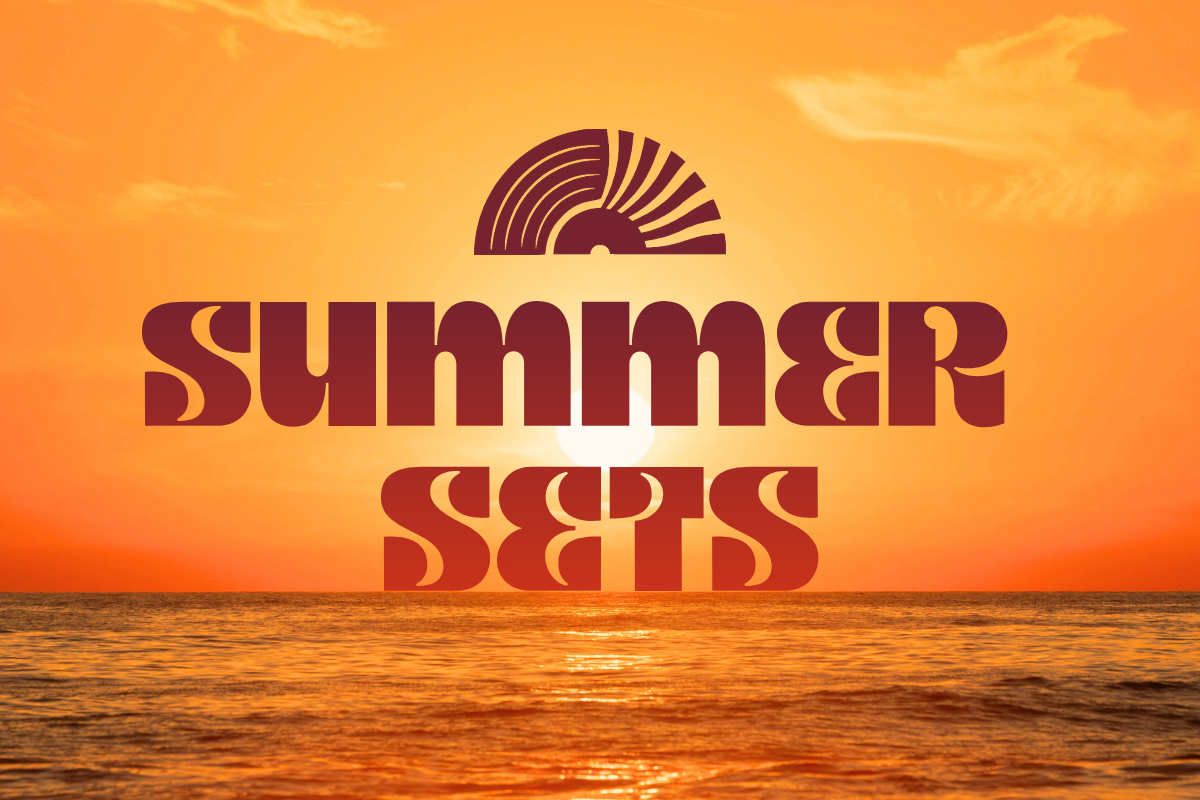 Sunset over the ocean with bold retro text 'SUMMER SEATS' and a sunburst logo above.