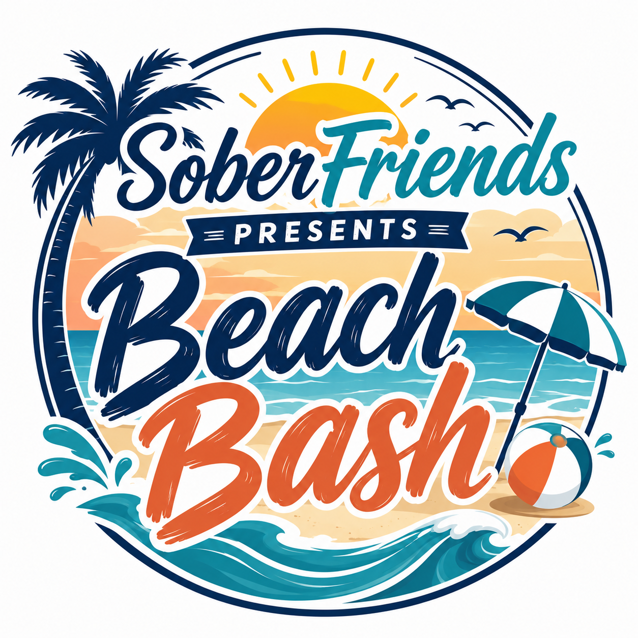 Logo for SoberFriends Beach Bash event, with palm tree, sun, waves, umbrella, and the text 'SoberFriends Presents Beach Bash' in a circular coastal design