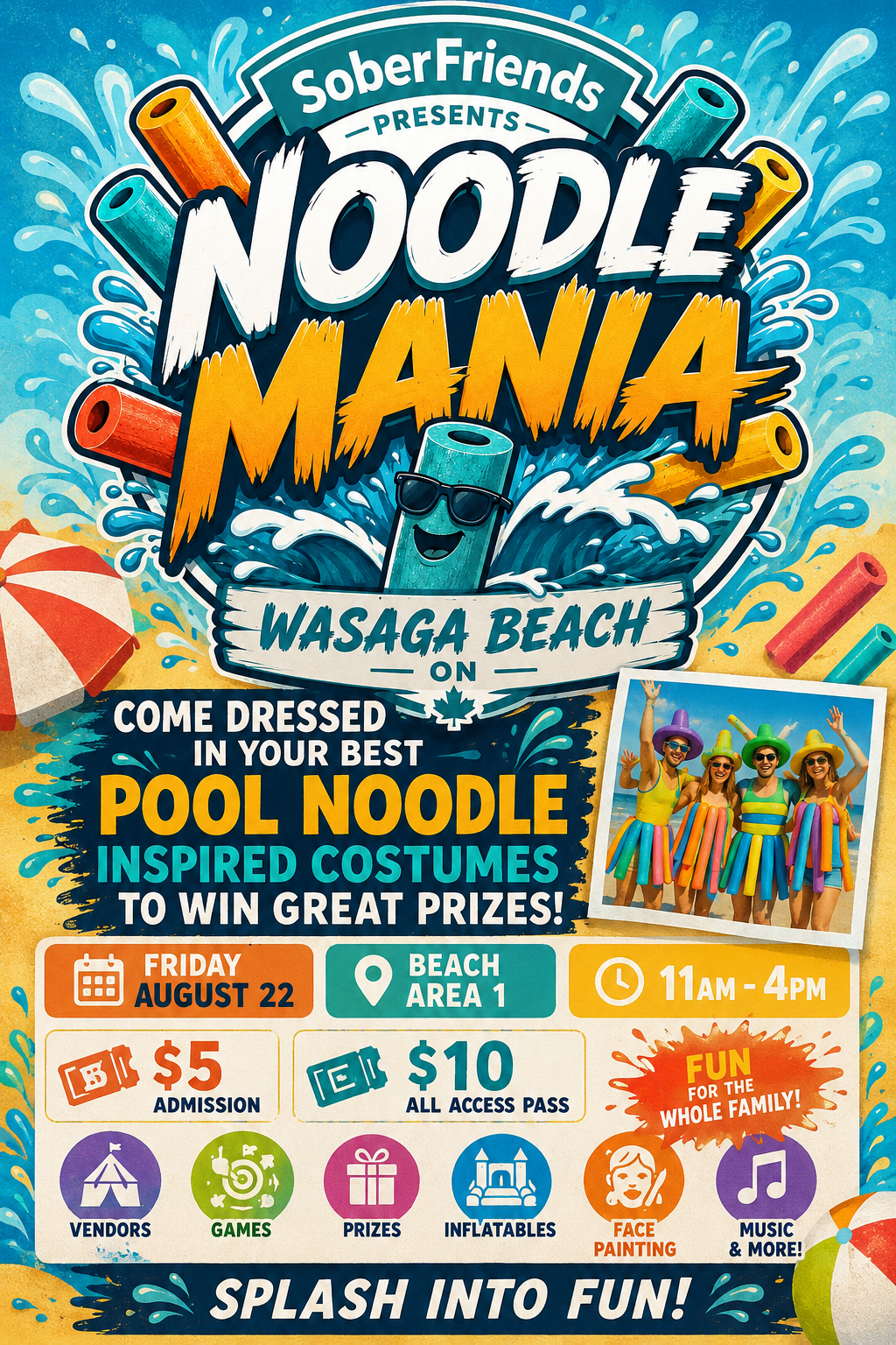 Poster for 'Noodle Mania' at Wasaga Beach with colorful pool noodles and splash art, inviting costumes and prizes.