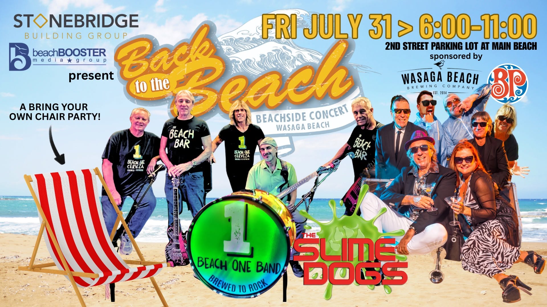 Poster for 'Back to the Beach' Beachside Concert at Wasaga Beach, showing a band on the sand with sponsor logos and date text.