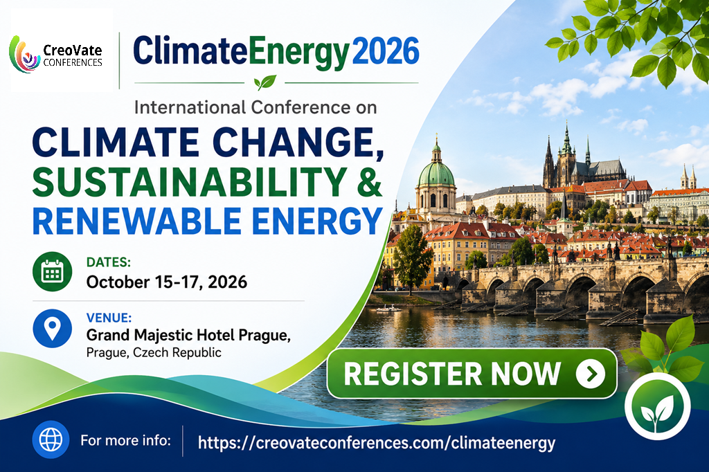 Front Flyer - Explore Wasaga Beach Promotional poster for ClimateEnergy2026 conference by Creovate, focusing on climate change, sustainability and renewable energy in Prague, Oct 15–17, 2026, with a Register Now button and venue details.