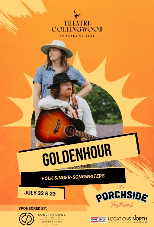 Poster for Goldenhour: folk singer-songwriters at The Porchside Festival, July 22–23, with a guitarist and singer against an orange splash background.