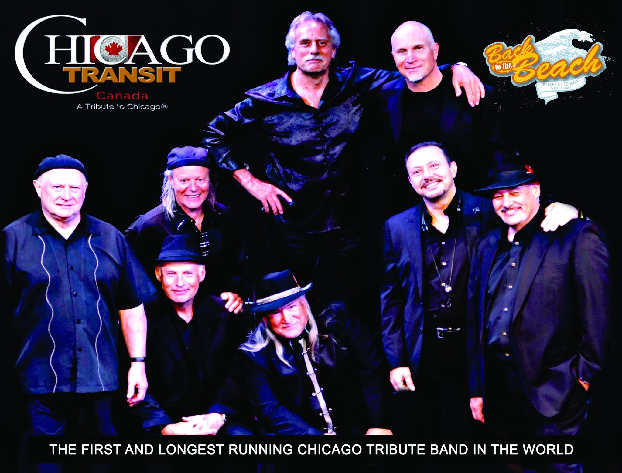 Group photo of musicians in black outfits posing on stage with 'CHICAGO TRANSIT' and 'Back to the Beach' logos visible; caption below reads 'The first and longest running Chicago tribute band in the world.'