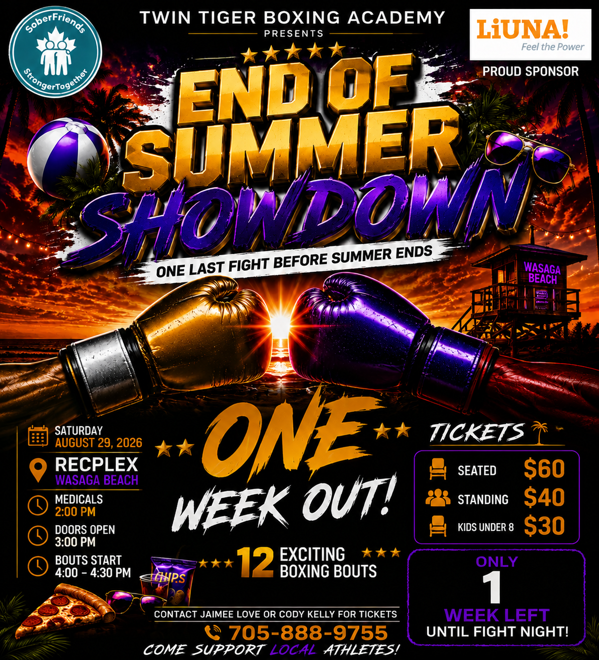 Poster for End of Summer Showdown boxing event at Wasaga Beach, two gloves colliding over a sunset, includes date Aug 29, 2026 and ticket prices.