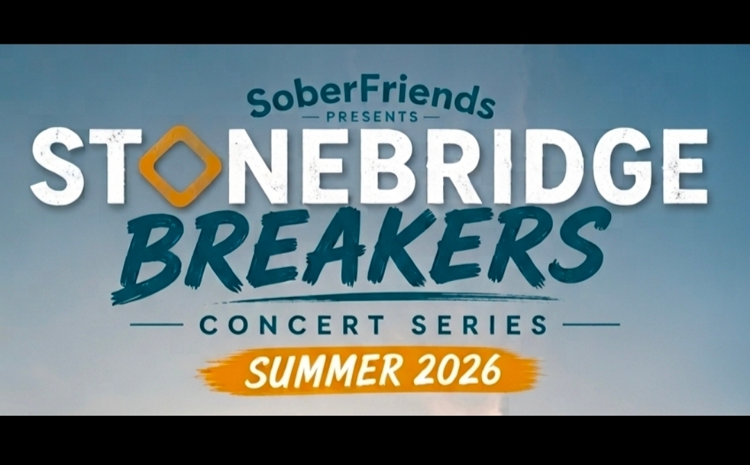 Promotional banner for SoberFriends Stonebridge Breakers Concert Series, Summer 2026, with bold white and teal lettering.