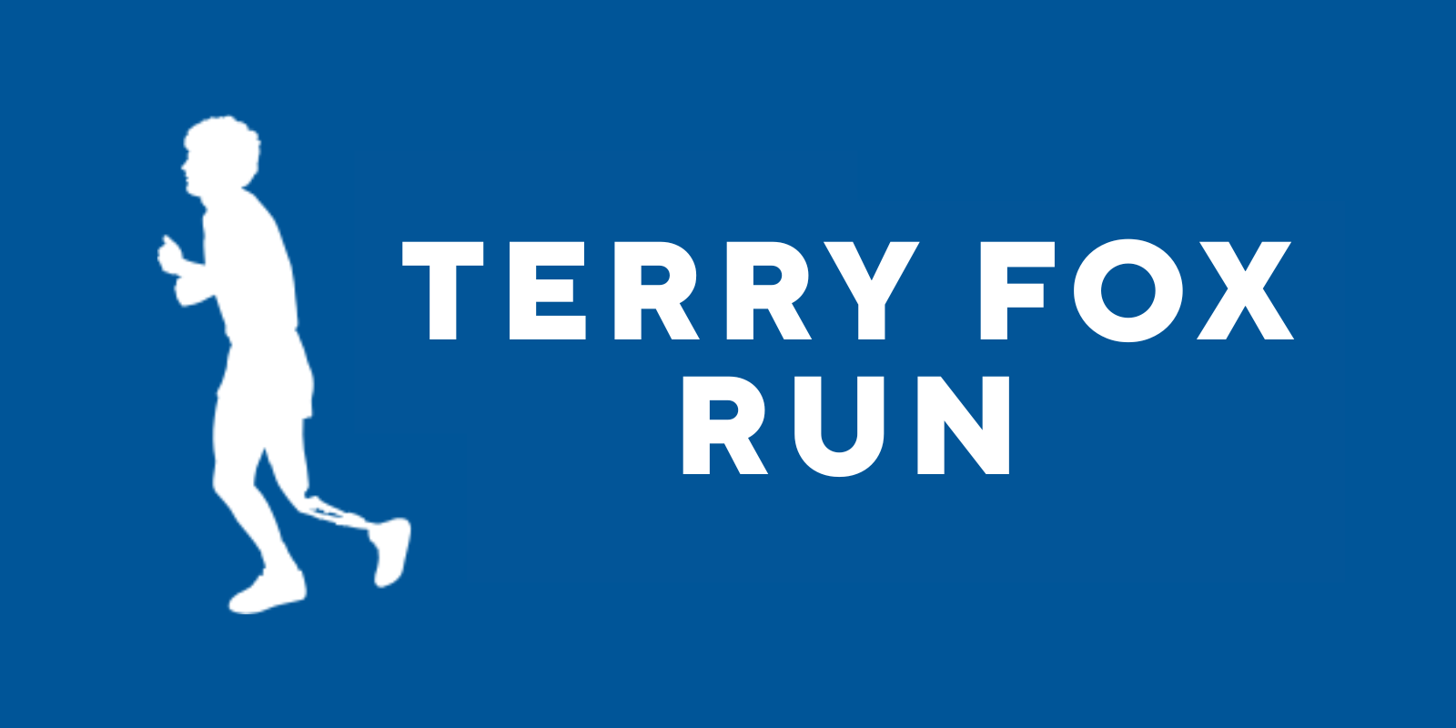 Banner showing a white runner silhouette with a prosthetic leg on a blue background, with the words 'TERRY FOX RUN' to the right (charity run event).
