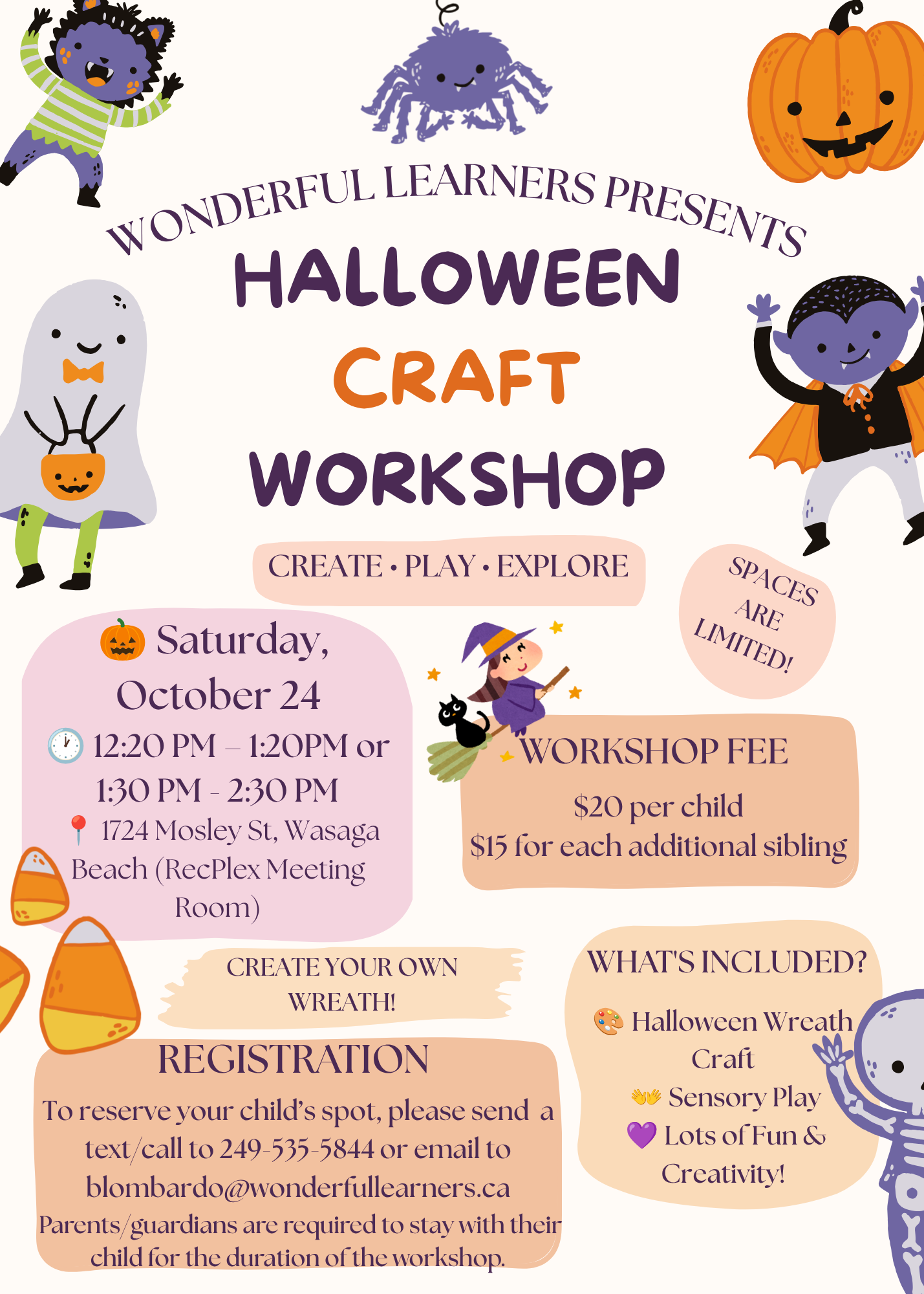 Colorful Halloween-themed poster advertising a Halloween Craft Workshop with pumpkins, ghosts, and costumed characters.